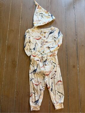 Milkberry Neutral Dinosaur Print Baby Outfit with Matching Hat